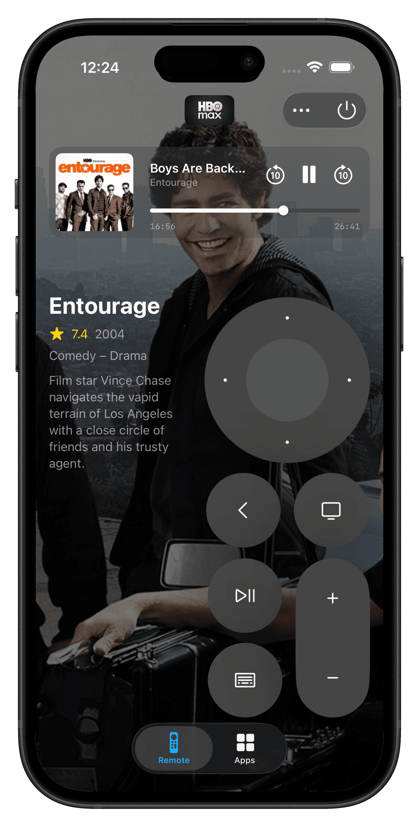 Itsytv on iPhone showing the touch remote and now playing info