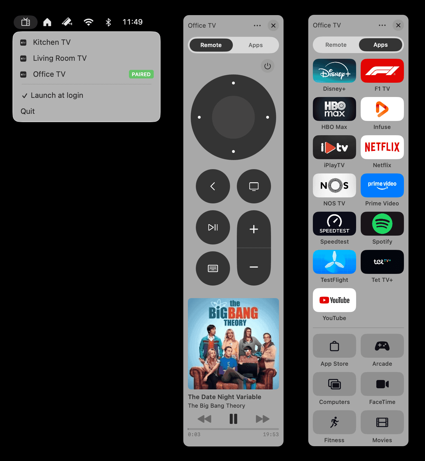 Itsytv menu bar app showing remote control, now playing, and app launcher